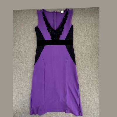 #ad VENUS Purple Cocktail Dress Midi Stretchy Size 6 Black Lace Trim Low V Neckline. $20.00