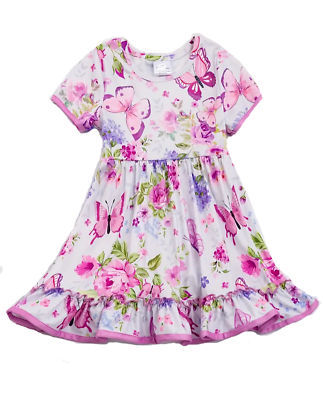 #ad New Boutique Girls Size 5 Short Sleeve Ruffle Silky Soft Floral Butterfly Dress $14.49