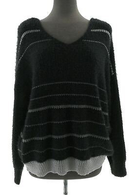 #ad Derek Heart Plus Juniors Black and Silver Stripe V Neck Pullover Sweater Size 2X $16.79