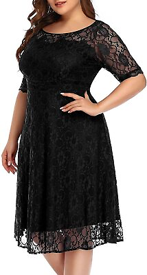 #ad Women#x27;s Plus Size Lace Scooped Neckline Half Sleeve Cocktail Wedding Midi Dress $109.64