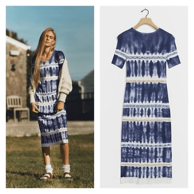 #ad Anthropologie Kato Tie Dye Knit Maxi Dress S Bodycon Pullover Short Sleeve Blue $84.95