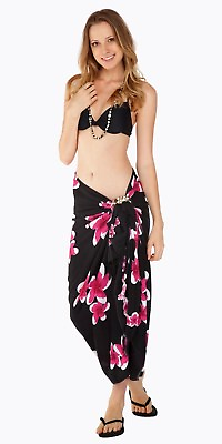 #ad 1 World Sarongs Plumeria Sarong in Pink Black Beach Cover Up Wrap Skirt $16.99
