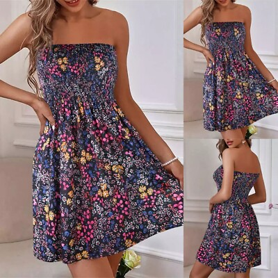 #ad Women#x27;s Boho Floral Bandeau Mini Dress Summer Beach Sleeveless Swing Sundress US $21.09