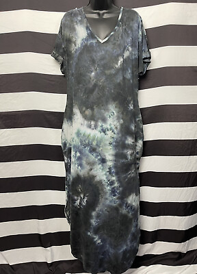 #ad Discreet Women’s Tie Dye Maxi Dress XL Gray Blue Hippie Boho Curved Hem Pockets $13.19