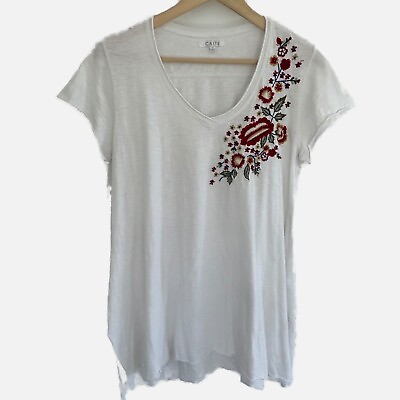 #ad Caite Tunic Top Size Small Embroidered Floral White V Neck Cotton Coastal Boho $35.99