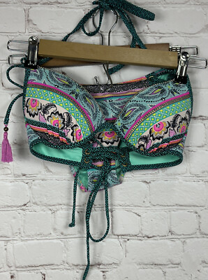 Shade amp; shore bikini set bathing suit swim green pink beaded tassel sz 34B Small $16.20