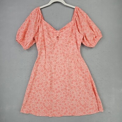 #ad Billabong Mini Sundress Womens M Coral Floral Puff Sleeve Spring Summer Cute $18.48
