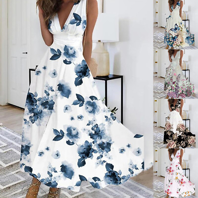 #ad Womens Boho Floral Maxi Vest Dresses Ladies Summer Beach Holiday Swing Sundress $23.19