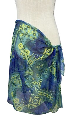 #ad #ad Swimsuit Cover up Skirt Sarong Blue Green Tropical Print Sheer Tie OS $8.95