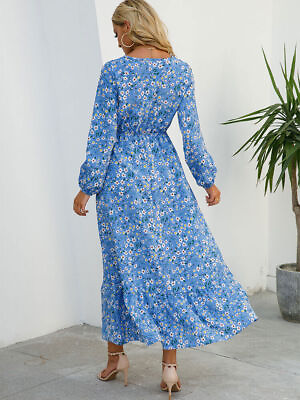 Floral Print Women Dress Spring Summer Long Sleeve Chiffon A Line Maxi Dresses $26.29