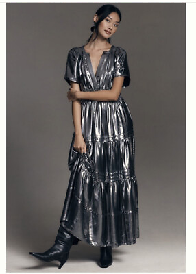 #ad Anthropologie Somerset Gunmetal Maxi Dress Size 1X Silver Short Sleeve $134.99
