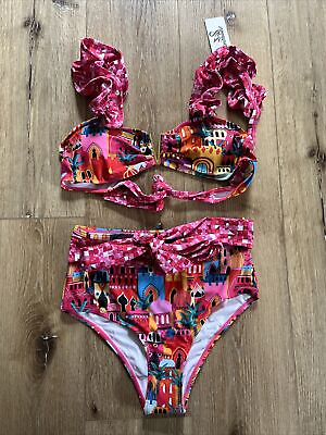 #ad SPORLIKE Women High Waisted Swimsuit Bikini Bathing Suit Castle Print Pink Small $20.94