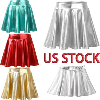 #ad US Girls#x27; Dance Skirts Glossy Metallic Pleated A Line Mini Skater Skorts Costume $12.45