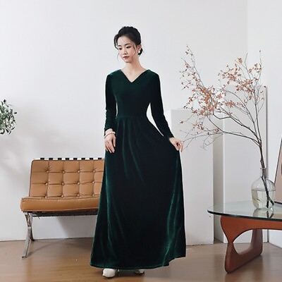 #ad Women Velvet Maxi Dress Long Sleeve Pleated Cocktail Formal Evening Elegant $44.76