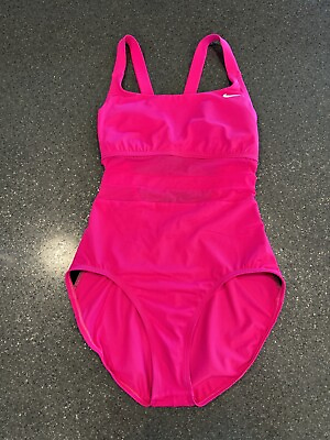 #ad Women’s Nike Standard Mesh Solid Edge V Back One Piece Swimsuit Hot Pink Large $16.99