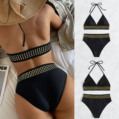 #ad Womens Bikini Black Underwear 2 Piece Swimsuit Holiday Swimwear Raves Dance $15.80