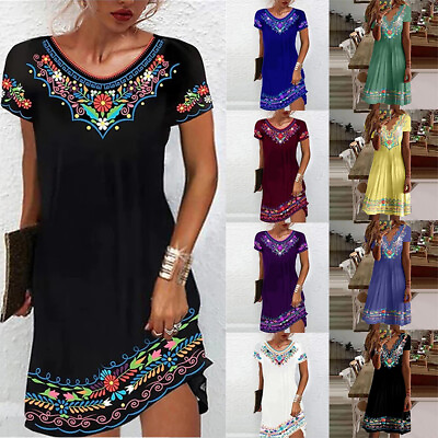 Womens Boho Floral Midi Shirt Dress Ladies Summer Holiday Casual Loose Sundress $13.59