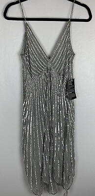 NWT Stenay Silver Silk Bead Sequin Dress Cocktail Size 10 V Neck Midi $119.99