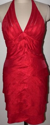 #ad CACHE Red Tiered Halter Dress Rayon Polyester Blend Cocktail Dress Size 10 $48.30