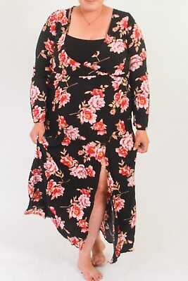 Forever 21 Plus Size 1X Lace Up Long Sleeve Long Black Floral Dress $19.00