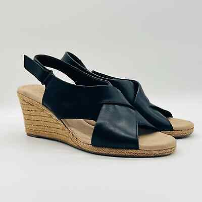 #ad Clarks Sandals Womens 8.5 Black Leather Espadrille Platform Wedge Boho Shoes $34.99