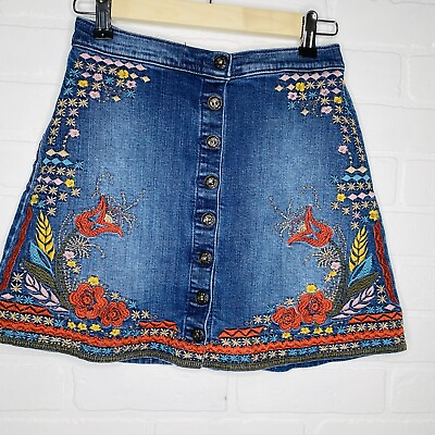 #ad Sneak Peak Womens Embroidered Denim Mini Skirt Size Small $24.00