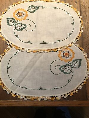 #ad Pair of Matching Embroidered Dresser Scarves 13” Crocheted Edge $9.00