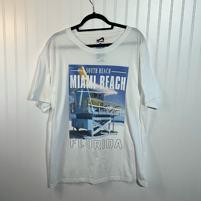 #ad South Beach Miami Beach Florida Tee Mens XLarge White Blue Graphic Surf Style $17.95