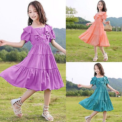 #ad #ad Girls Toddler Kids Neck Short Sleeves Casual Soild Maxi Sundress Dress $18.83