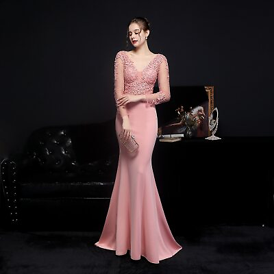 #ad #ad Women Pink Long Dress V neck Full Sleeve Evening Dress Elegant Party Dress $132.10