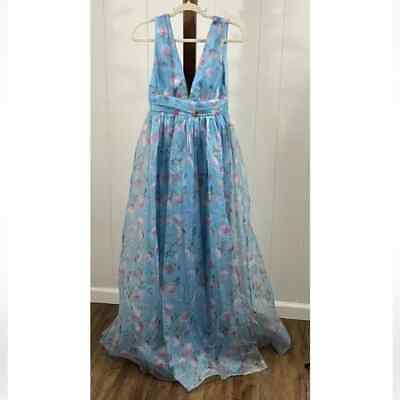 #ad Lulu#x27;s NWOT Garden Romance Light Blue Floral Print Organza Maxi Dress Small $80.00