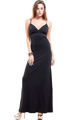 #ad Women#x27;s Cocktail Party Dress Black with Gold Chain Straps Long Sleeveless Sheath $6.25