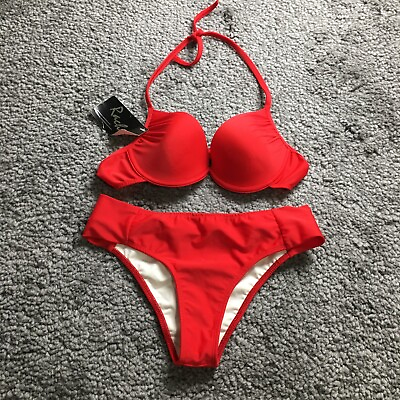 #ad VTG Rachid Womens Bikini Swimsuits Size L Red High Cut Halter Neck NWT $18.19