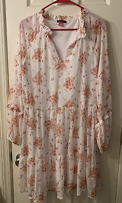 #ad NWT Vince Camuto tiered longsleeve boho dress Size Large white and pink Floral $22.00