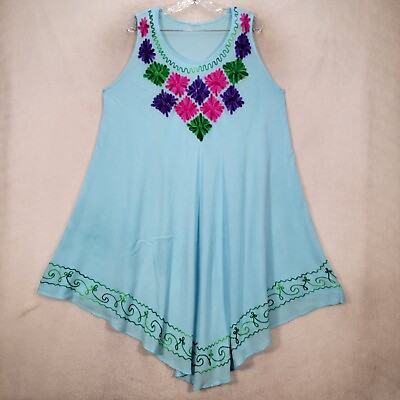 #ad Unbranded Womens Dress Size XL Blue Floral Embroidered Flowy Boho Tunic Swing $21.95