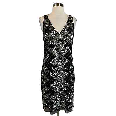 #ad Adrianna Papell Women#x27;s Cocktail Dress Size 6 Black Sequined Sleeveless Sheath $69.99