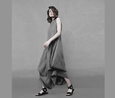 #ad Boho Dress Long Grey Linen Dress Avant Garde Dress Lagenlook Pinafore Dress $140.00