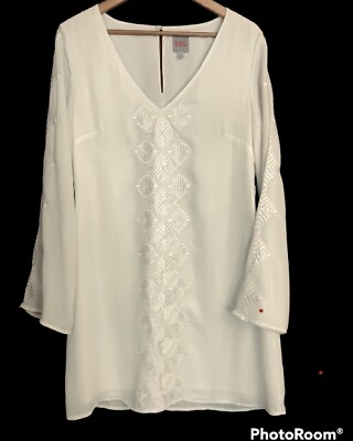 RBL Nordstrom Size M Ivory White Silky Mini Sheath Dress Embroidered Lined Light $15.72