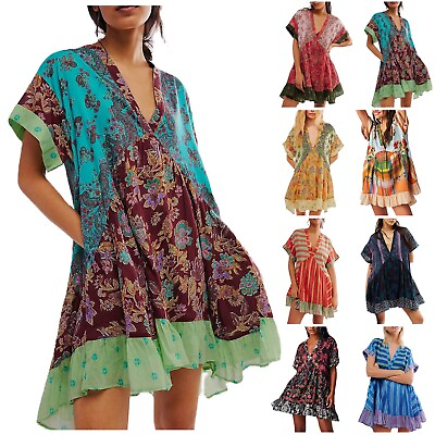 #ad Women Boho Dresses Flowy Dress Ruffle Mini Dress Deep V Neck Casual Floral $24.72