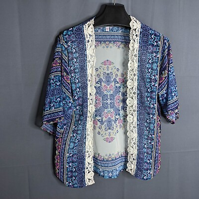 Xhilaration Womens Kimono Jacket Top XS Blue Small Open Front Lace Trim Sheer $11.98