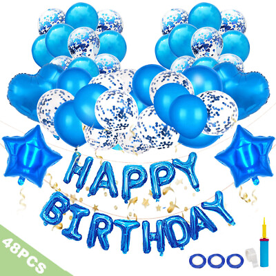 #ad #ad 48Pcs Birthday Party Decorations Set with Blue Happy Birthday Balloons Banner $14.99