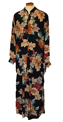 #ad Suttles amp; Seawinds Vintage Black 100% Silk Floral Maxi Dress Suit Size M L $75.00