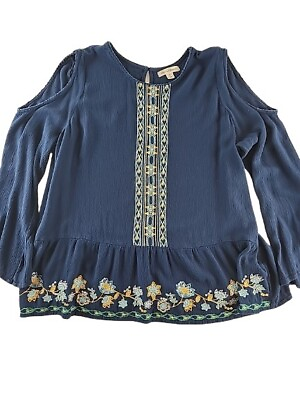 #ad John Paul Richard Womens Shirt XL Blue Embroidered Top Cold Shoulder BOHO Hippie $6.97