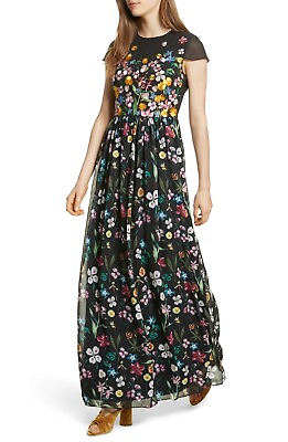 TED BAKER London Black Floral Embroidered Print Chiffon Skirt MARIZ Maxi 3 8 10 $239.20