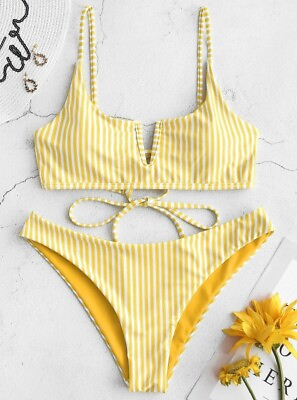 #ad ZAFUL Women#x27;s V wired Tie Striped Bikini Set Two Piece Swimsuit Yellow Large $11.04