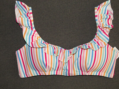 #ad J. Crew White Multicolored Striped Ruffled Bikini Top Women#x27;s Small $29.99