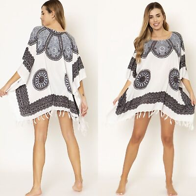 #ad Boho black and white pool beach cover up tunic with tassels OS $23.00