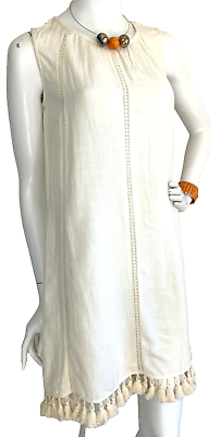 #ad NEW THML Boho Dress Pom Pom Hem Shift A Line Sleeveless Crewneck Ivory XS $24.95