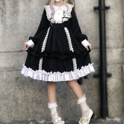 Girl Japanese Lolita Dress Midi Cosplay Kawaii Ruffle Puff Sleeve Cute Dresses $49.69