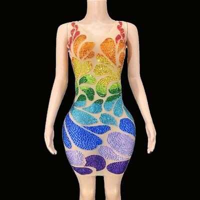 Women Multicolor Rhinestones Sleeveless Mesh Short Dress Party Dance Costume $187.12